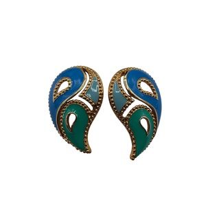 Avon OS Blue Earrings Women's 90s Paisley Enamel Gold Tone Studs